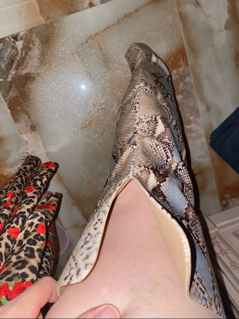 Snake-Print Over-the-Knee Boots in Taupe Brown